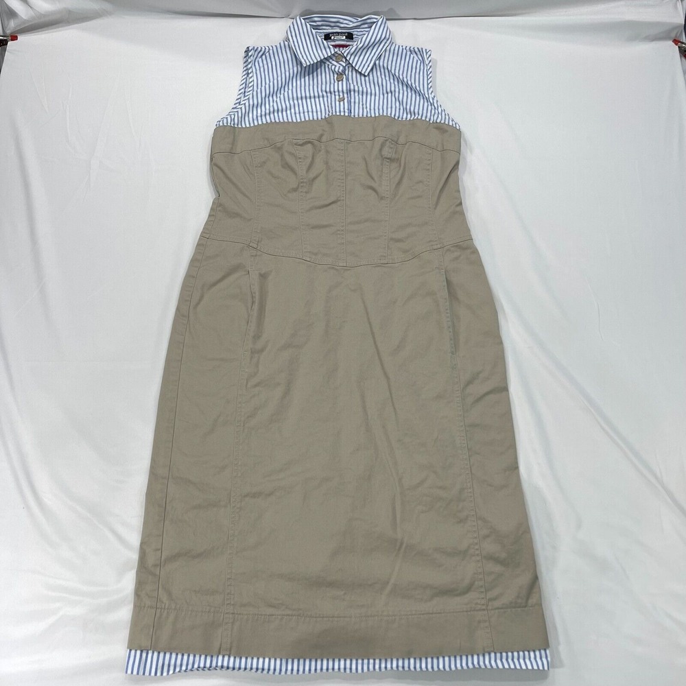 Jean Paul Mixed Media Midi Dress Womens 10 Tan Blue Striped Sleeveless Collared